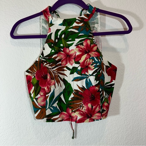 Lush Halter Tropical Linen Cropped  Beach Top Size Small - Picture 2 of 5